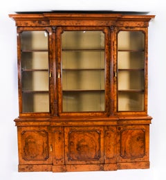 Antique Victorian Burr Walnut Breakfront Bookcase 19th Century