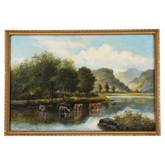 Antique Painting, Rural Landscape With Cows, William Langley 19th Century