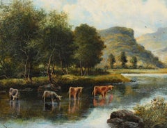 Antique Painting, Rural Landscape With Cows, William Langley 19th Century