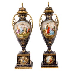 Antique Large Pair 3ft 91cm Royal Vienna Porcelain Vases on Stands 19th C