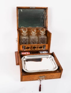 Antique Victorian Figured Oak Three Bottle Tantalus 19th Century