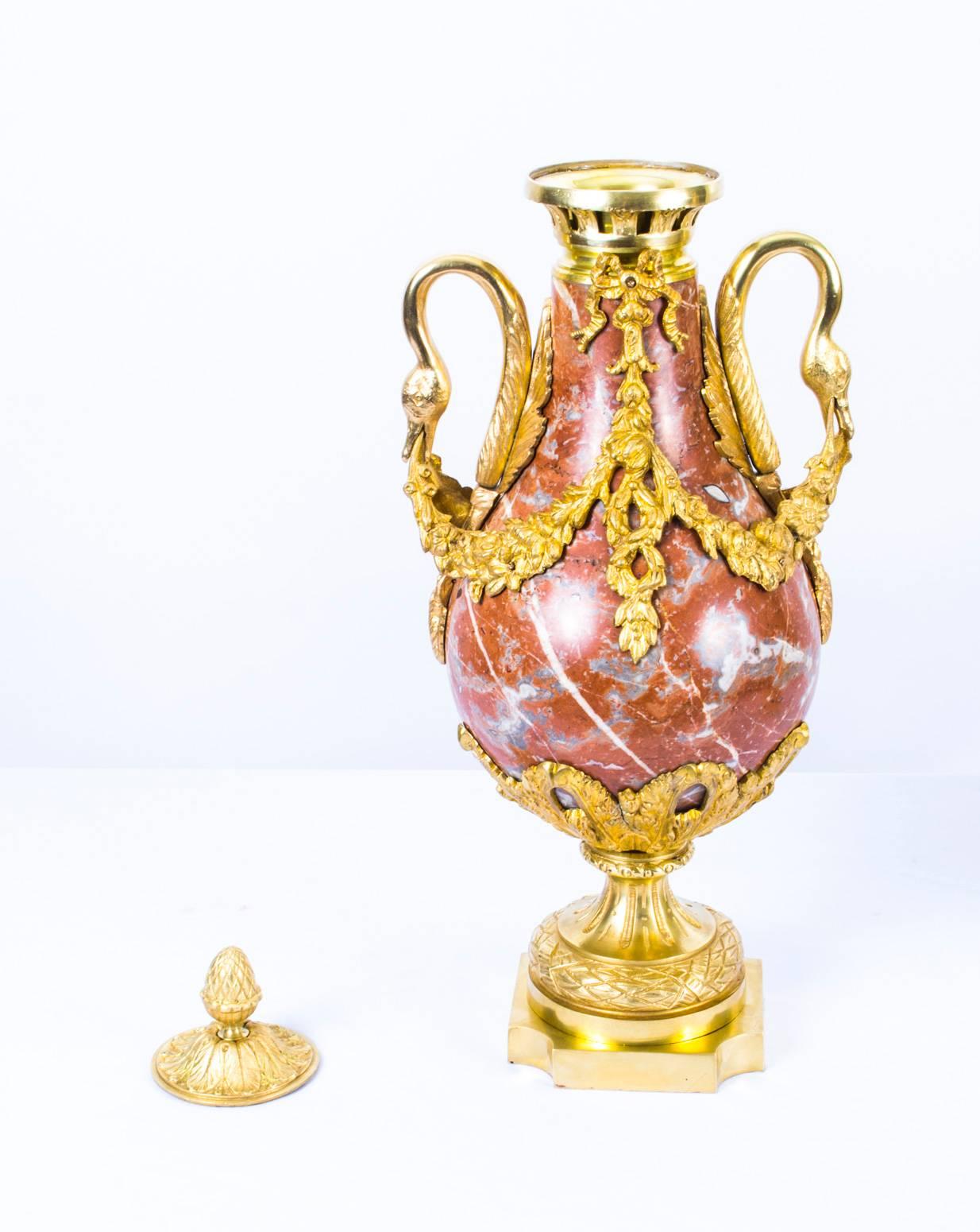 19th Century Pair of Louis XV French Rouge Marble Urns 1