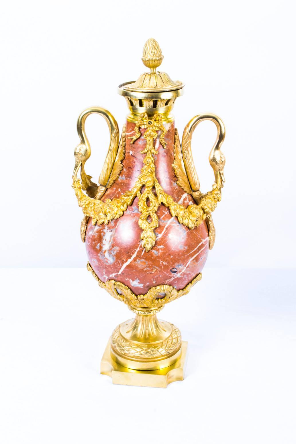 19th Century Pair of Louis XV French Rouge Marble Urns 3