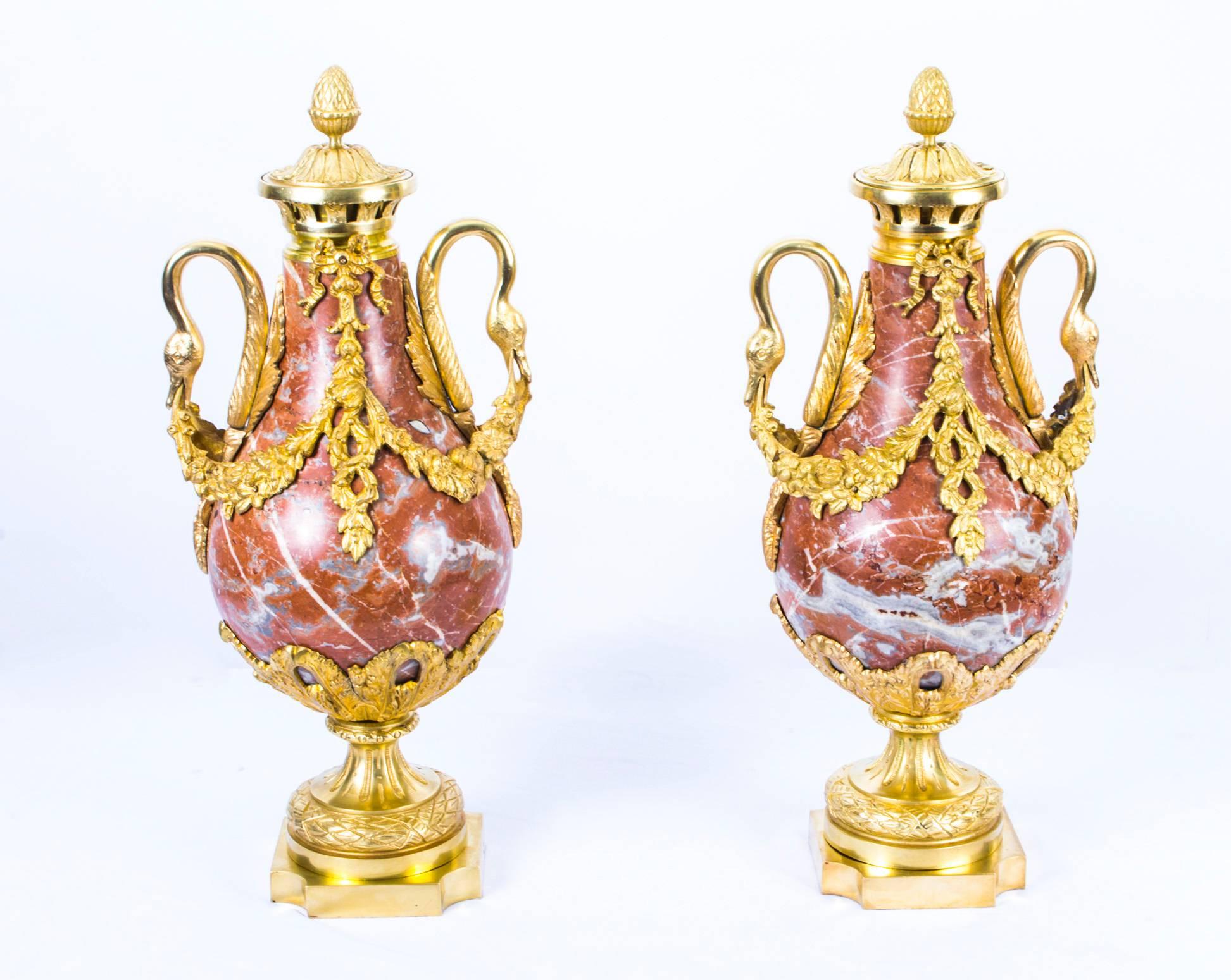 19th Century Pair of Louis XV French Rouge Marble Urns 4