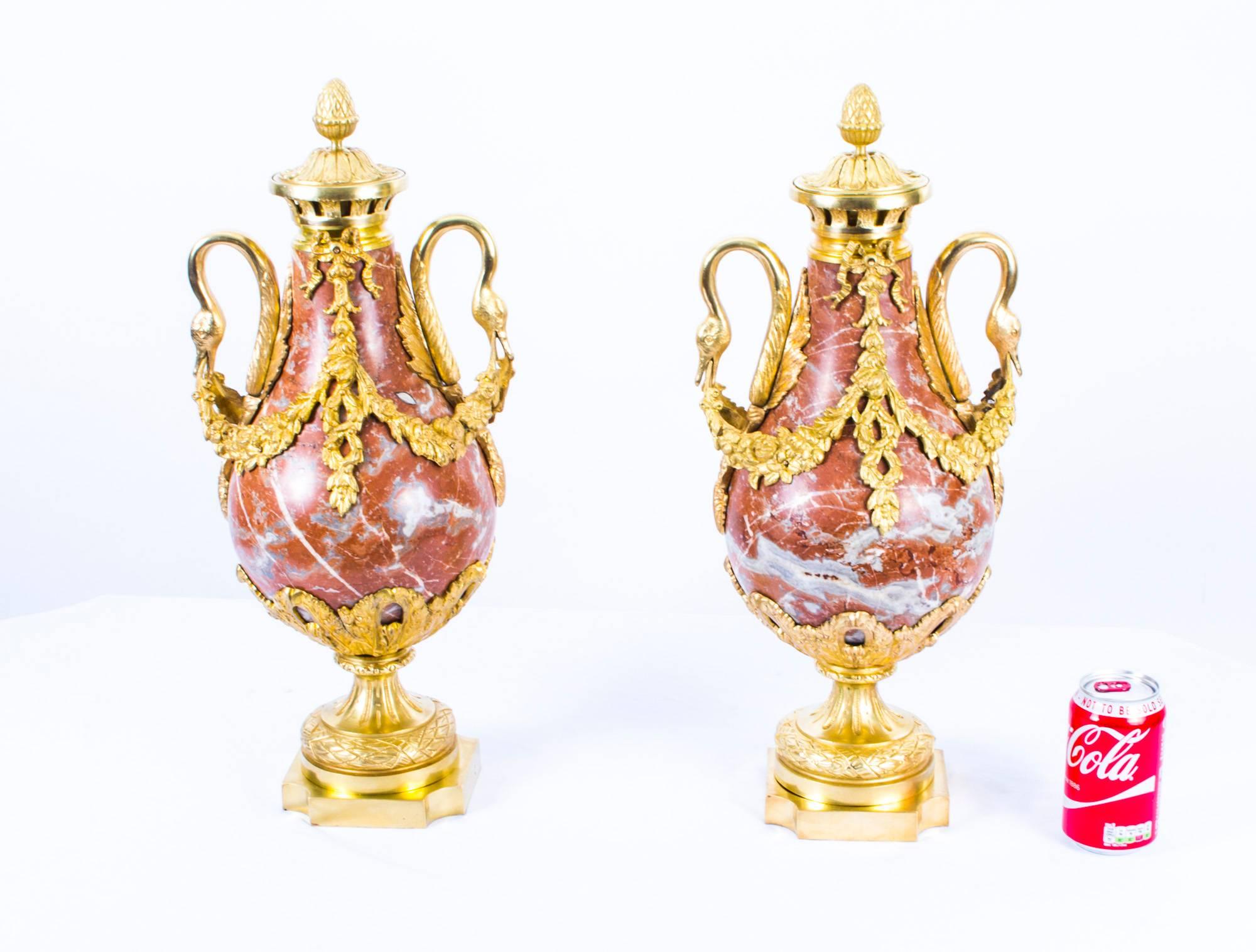 19th Century Pair of Louis XV French Rouge Marble Urns 5