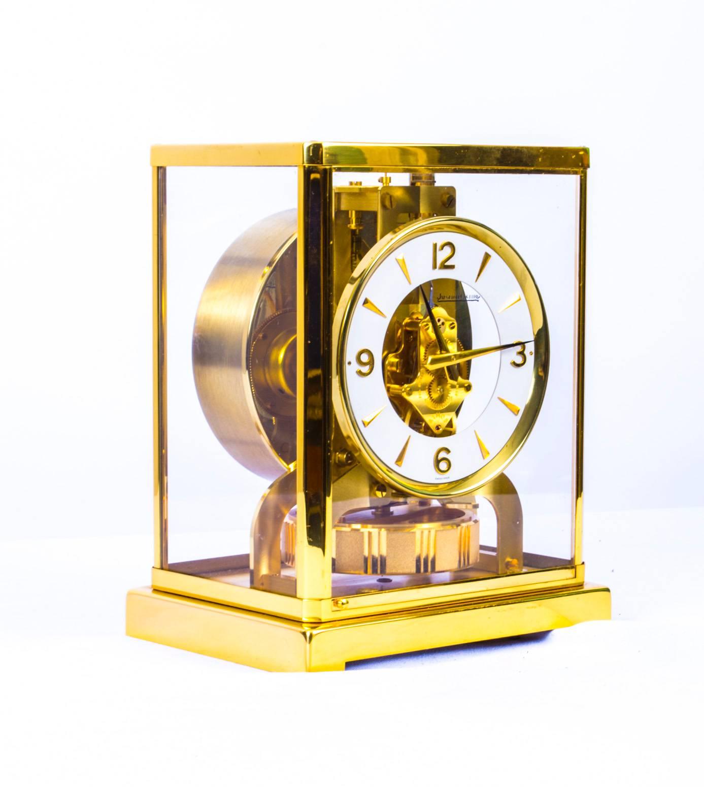 This is a beautiful and very decorative Vintage Jaeger Le Coultre Atmos Classic VIII brass-mounted four glass mantel skeleton clock bearing their engraved signature on the movement and circa 1960 in date.

The clock has a beautiful polished gilt