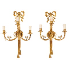 Antique Pair Ormolu Three Branch Wall Lights Sconces 19th Century