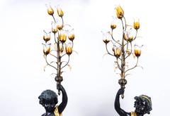 Pair 7ft Gilded Bronze Cherub Candelabra on Marble Bases