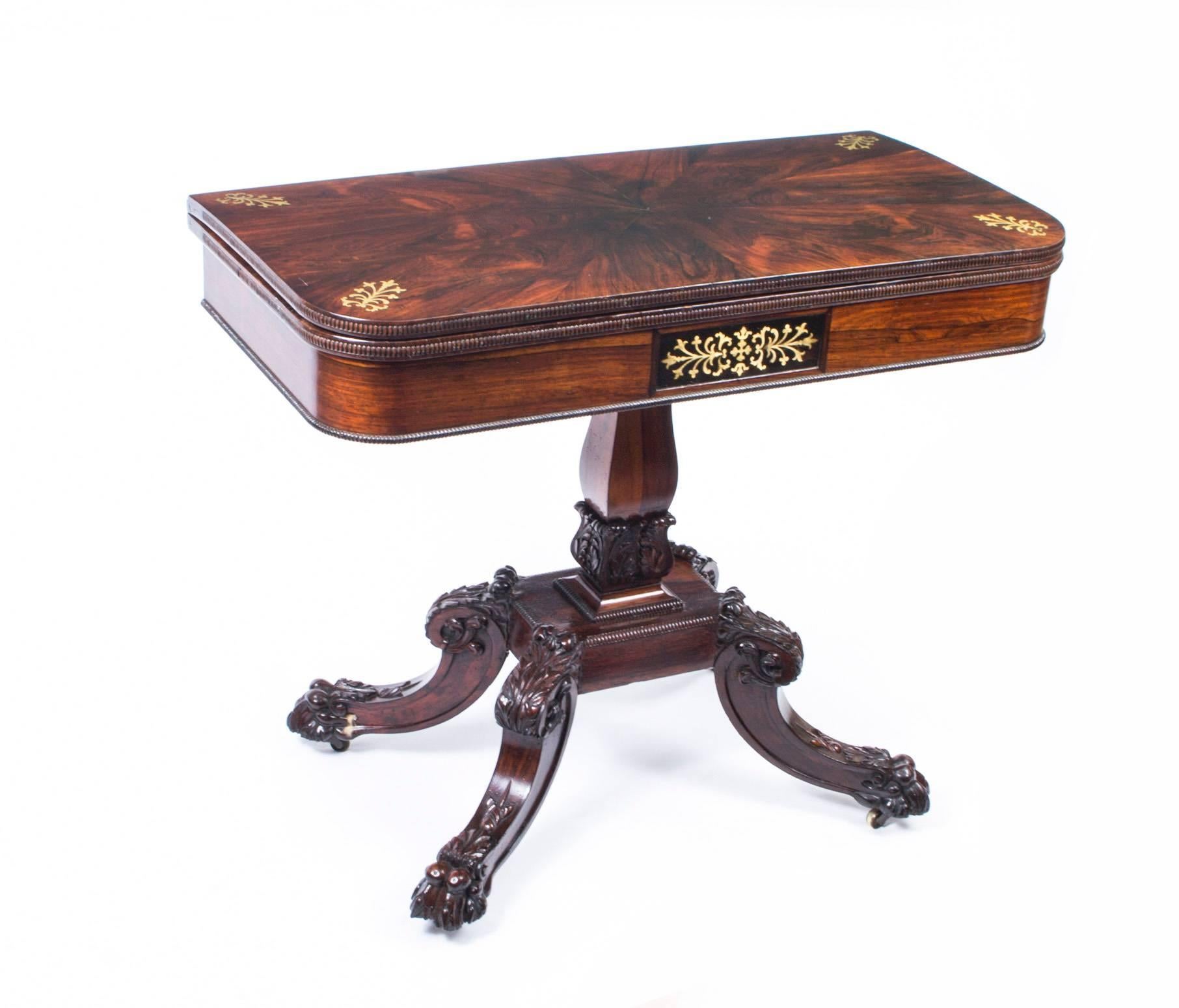 19th Century Regency Rosewood Brass Inlaid Card Table 3