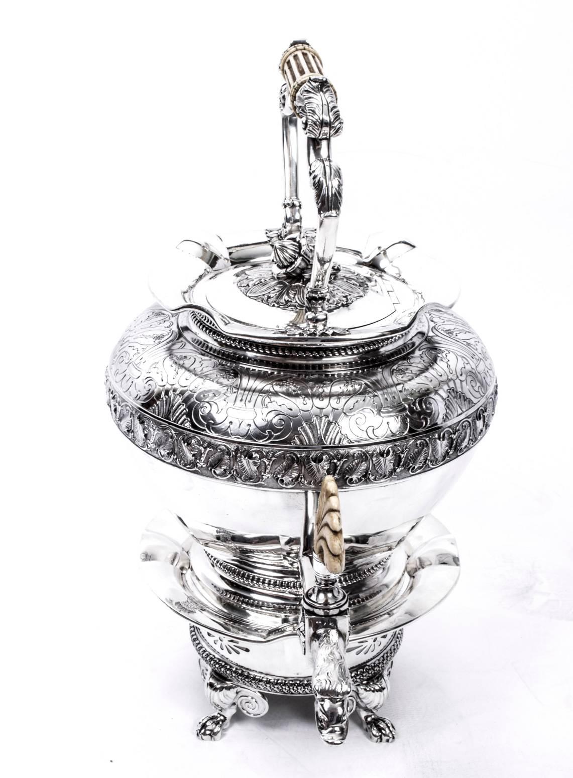 This is a really superb antique sterling silver kettle on stand with hallmarks for London, 1825 and the makers mark of one of the most celebrated silversmiths of all time, John Bridge.

With chased and engraved classical foliate decoration typical