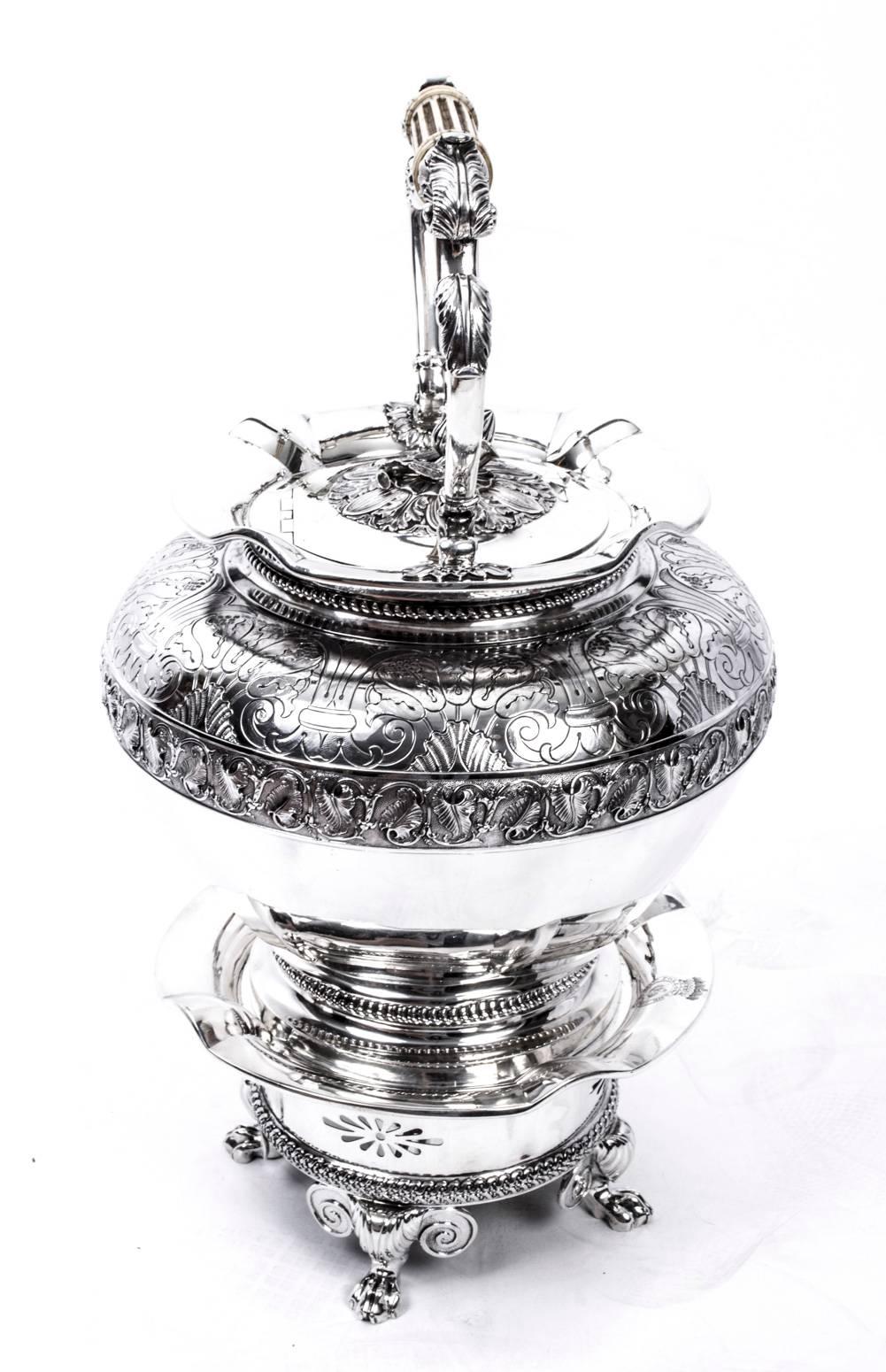 English Antique Sterling Silver Kettle on Stand John Bridge, 1825