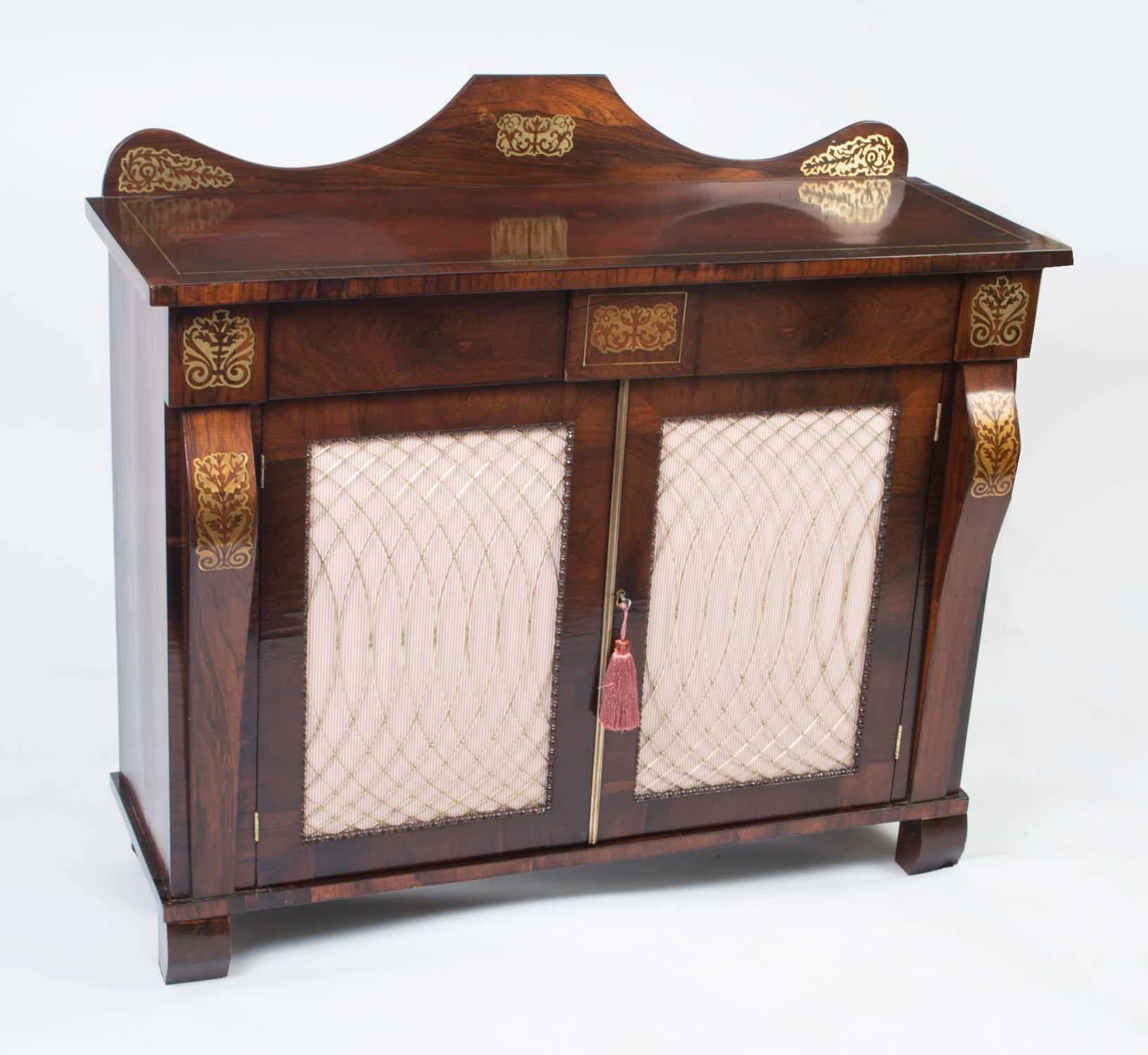 Wood 19th Century Regency Brass Inlaid Cabinet Chiffonier For Sale