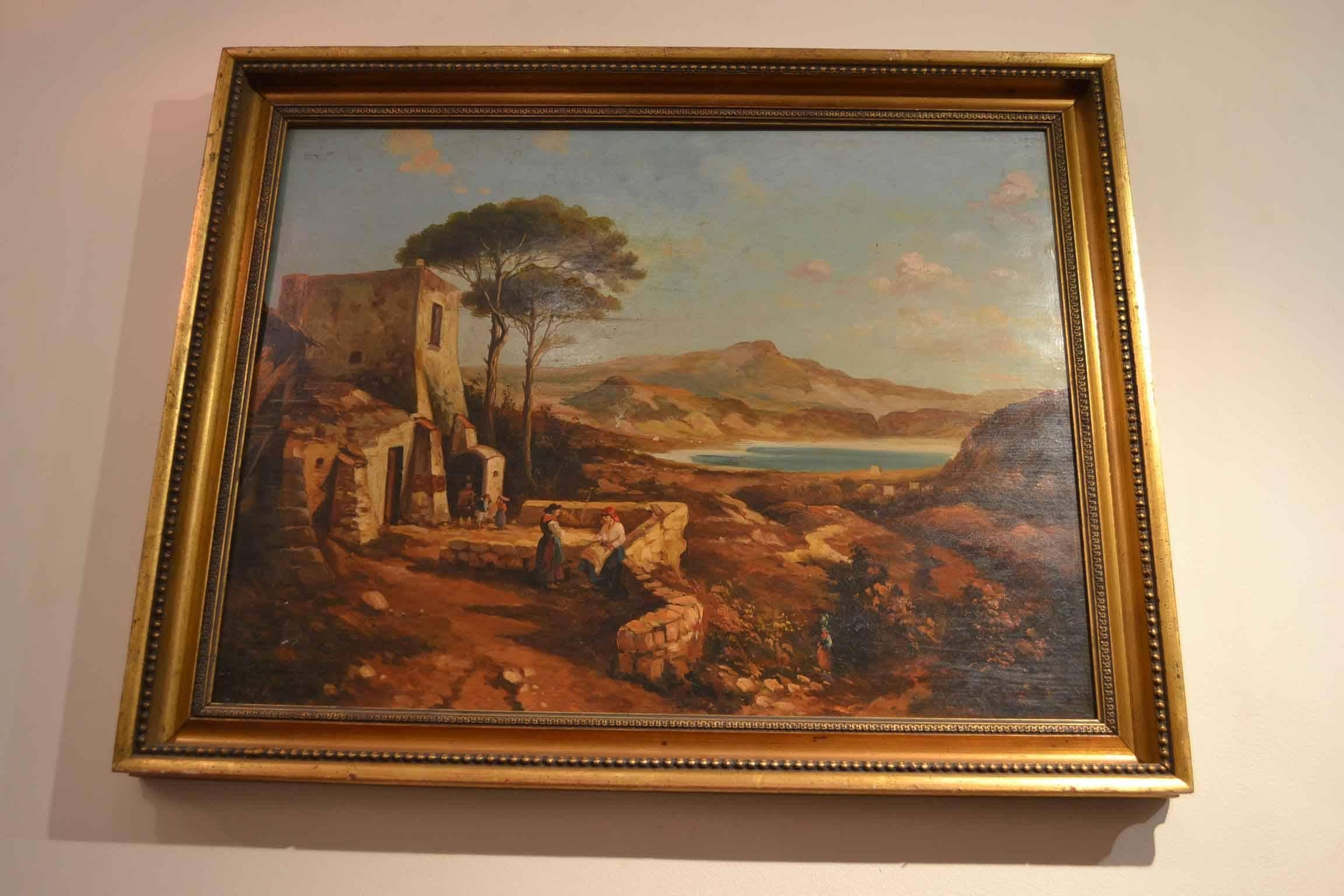 Italian 19th Century Painting Neapolitan Landscape Postiglione