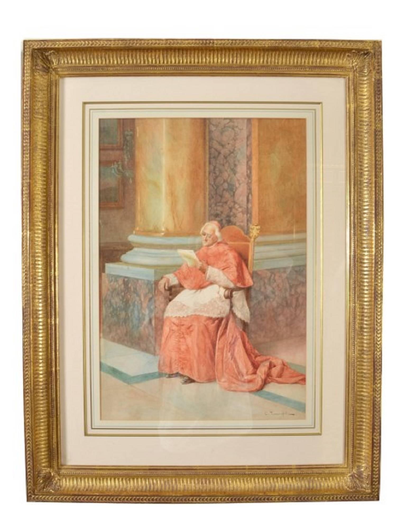 This is a fabulous pair of antique watercolours entitled 'The Cardinals' by Enrico Tarenghi, circa 1910.

They are skillfully executed in pencil over watercolour. Each depicts a cardinal, against the same background - outside a basilica. Both