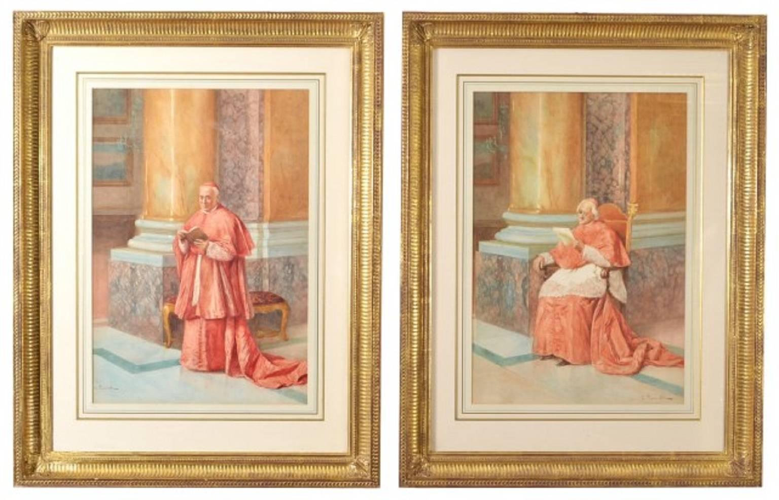 Antique  Pair of Watercolours 'Cardinals' E Tarenghi  Early 20th Century 4