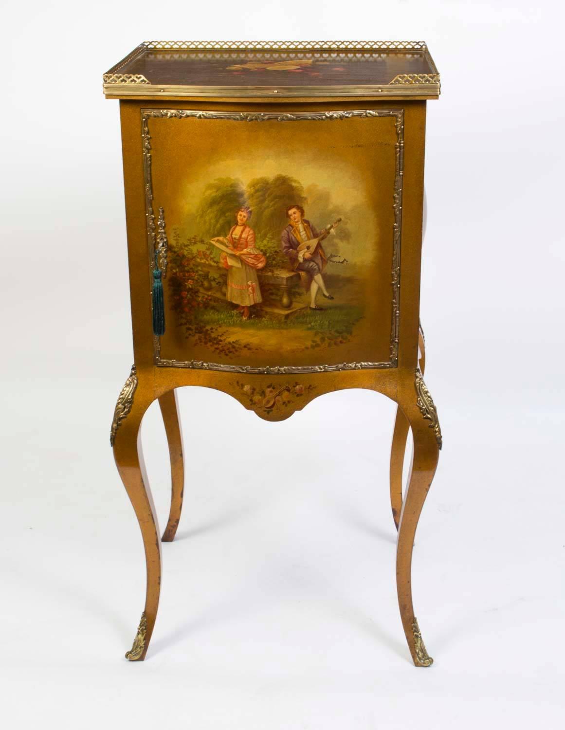 This is a lovely antique French Vernis Martin bombe shaped music cabinet, circa 1900.

The three quarter brass galleried top above the single cupboard door is painted with a vignette of lovers. The sides of the cabinet depict countryside scenery
