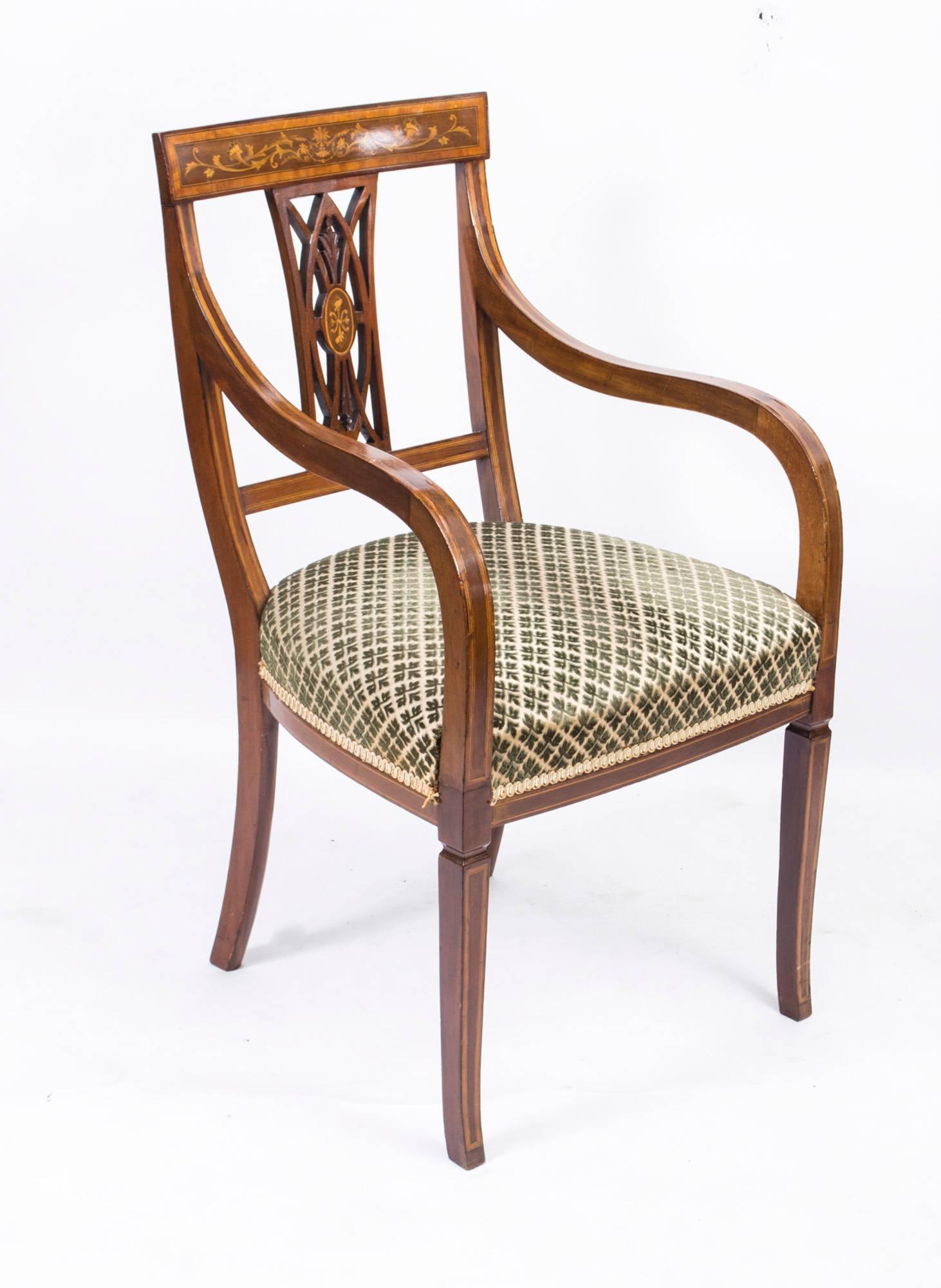 Early 20th Century Antique Set of Six Edwardian Inlaid Mahogany Dining Chairs, circa 1900