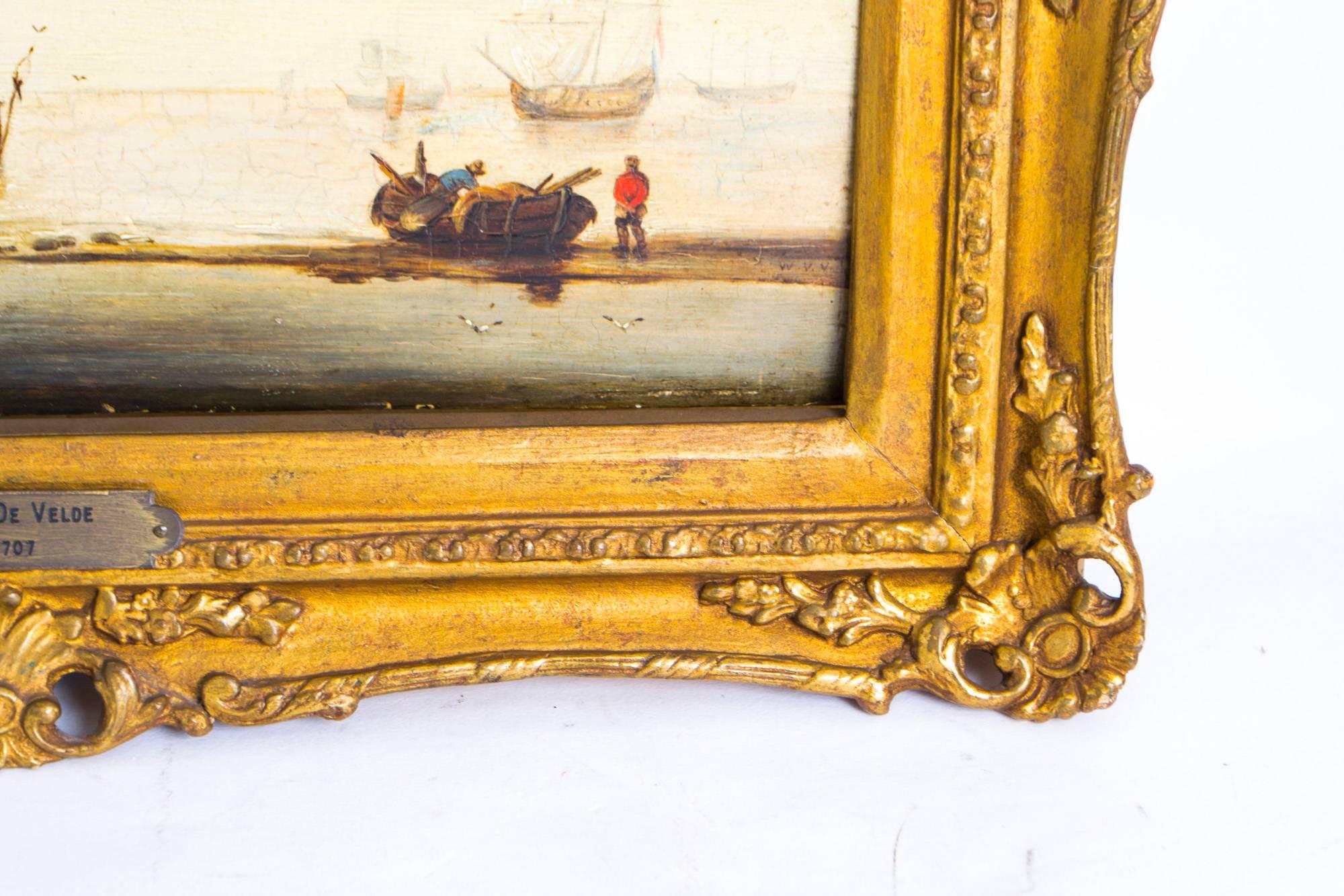 Antique Oil Painting Dutch Shipping Scene van der Velde Jr 3