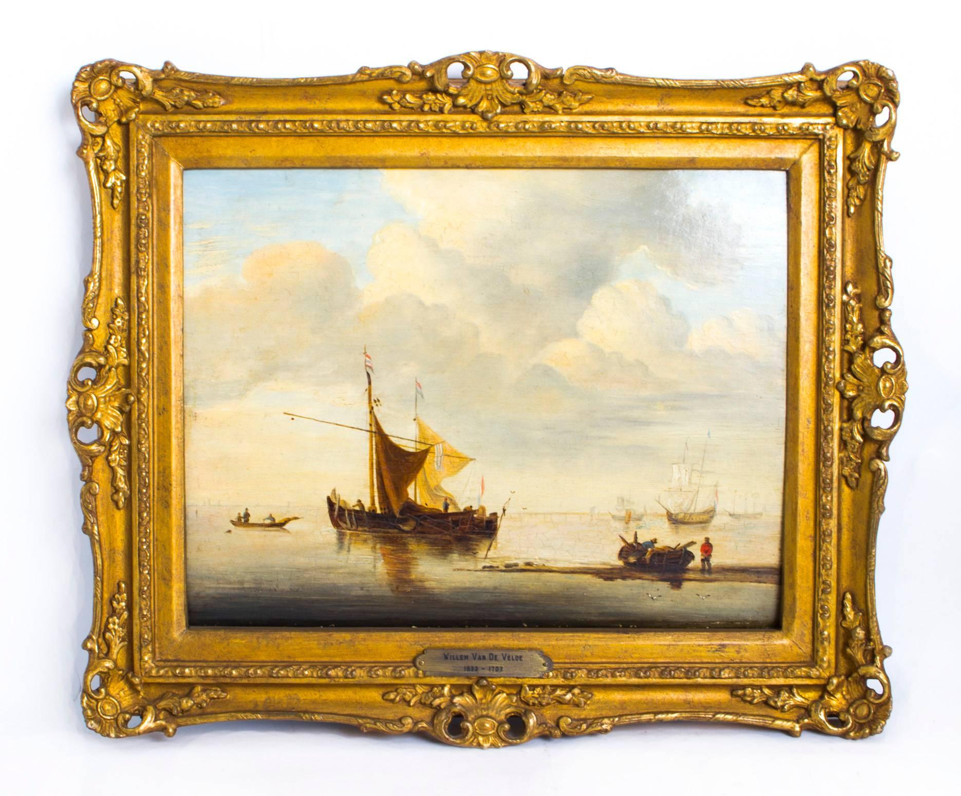 Antique Oil Painting Dutch Shipping Scene van der Velde Jr 5