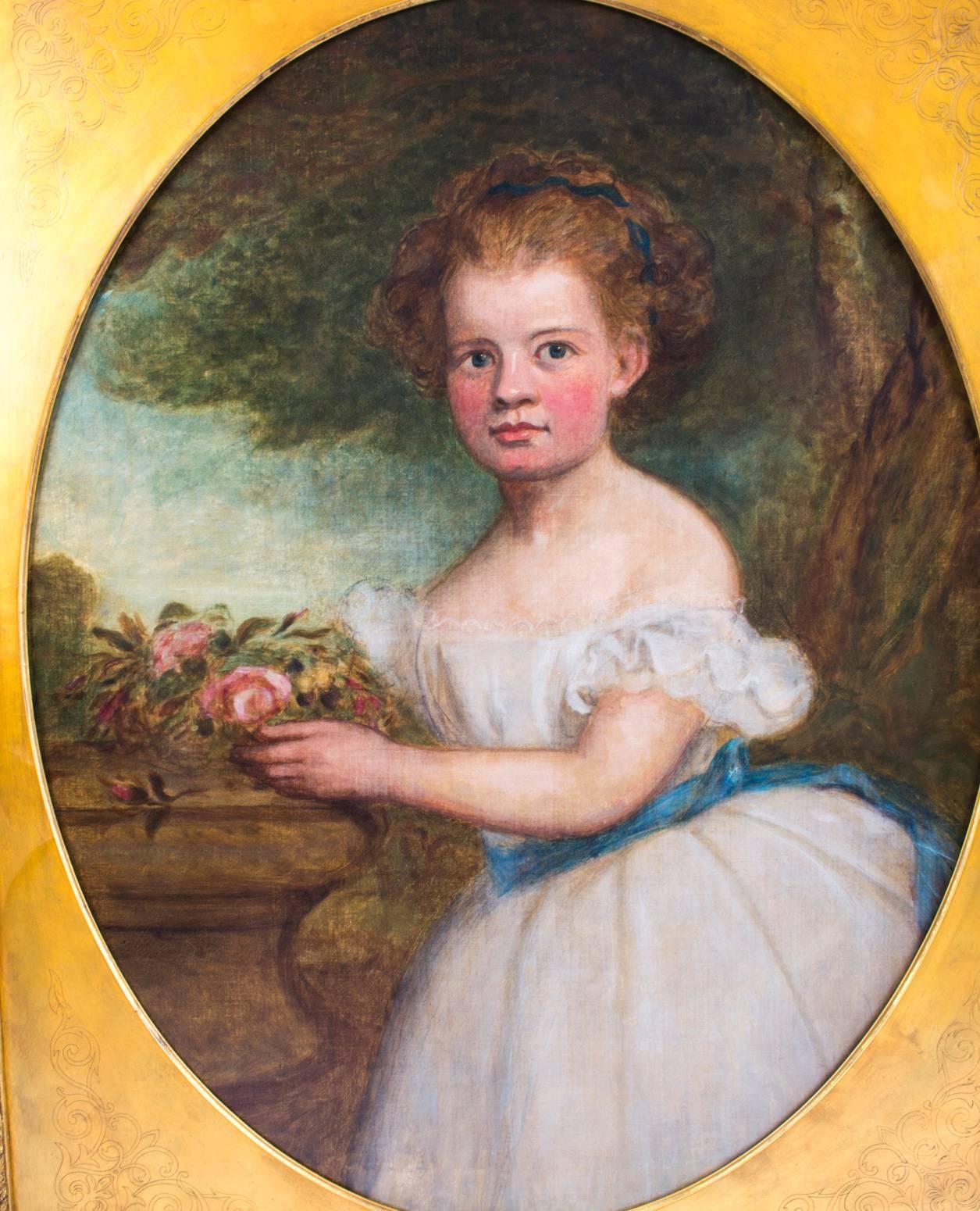Superb oil on canvas portrait of a beautifully and meticulously rendered girl wearing a silk dress with a light blue wrap around her waist, dated 1866.

This beautiful bust length portrait of a young girl is set in a striking carved gilded