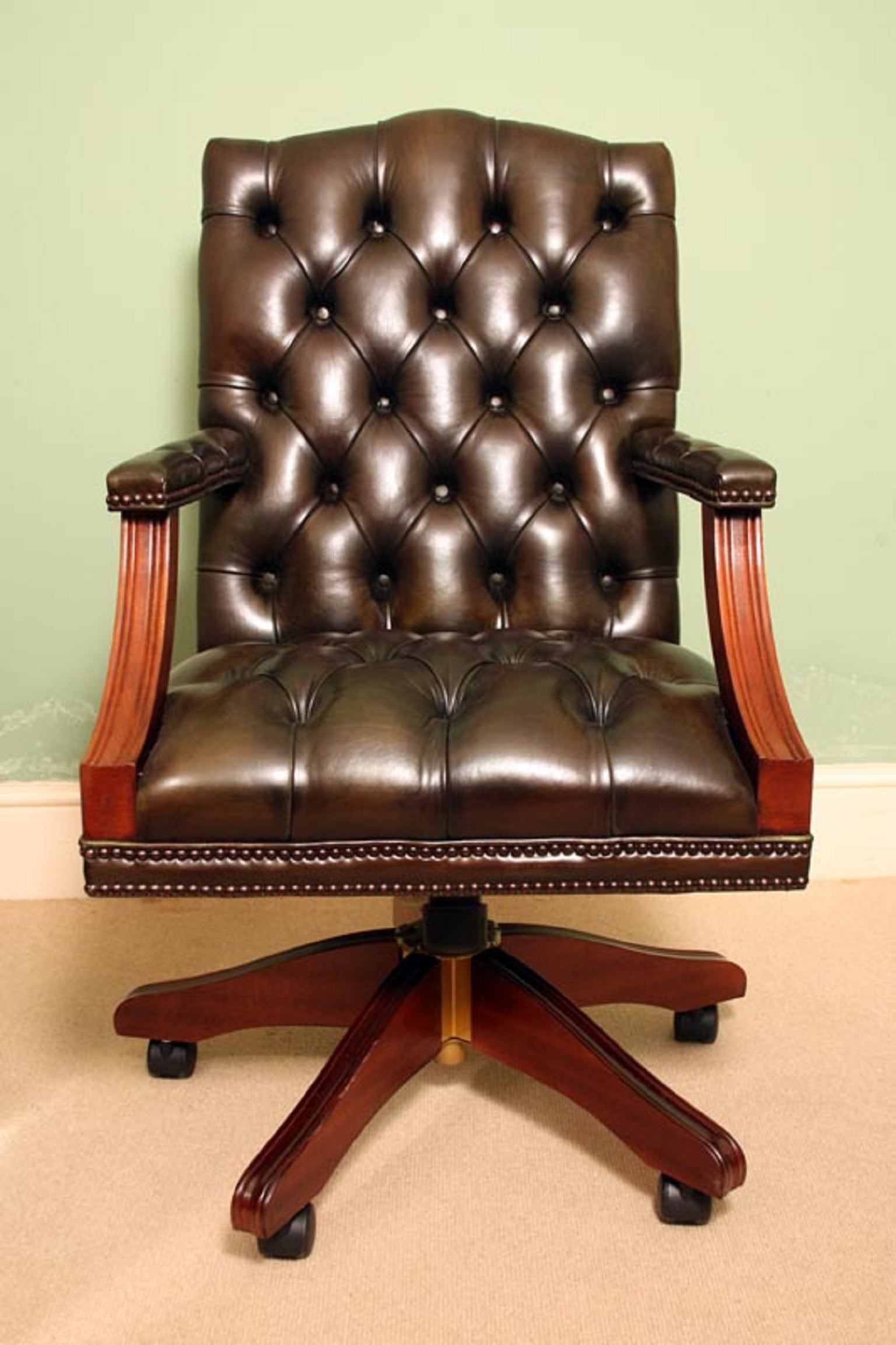 English Handmade Gainsborough Leather Desk Chair Green For At English Handmade Gainsborough Leather Desk Chair Green For At 1stdibs