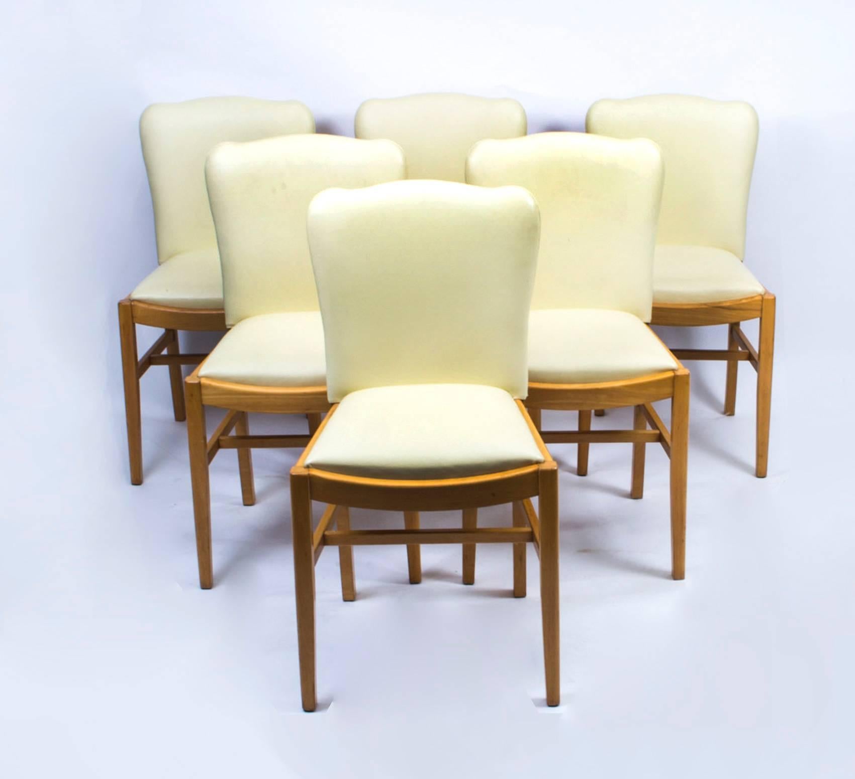 English Antique Art Deco Bird's-Eye Maple Dining Table and Six Chairs
