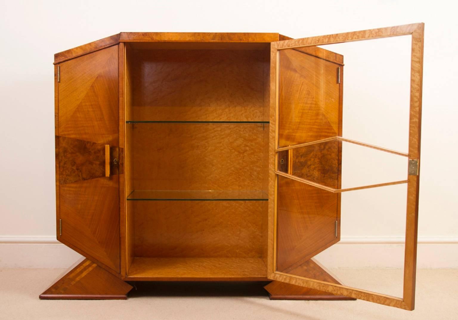 English 1920s Art Deco Satinwood Maple Display Cabinet