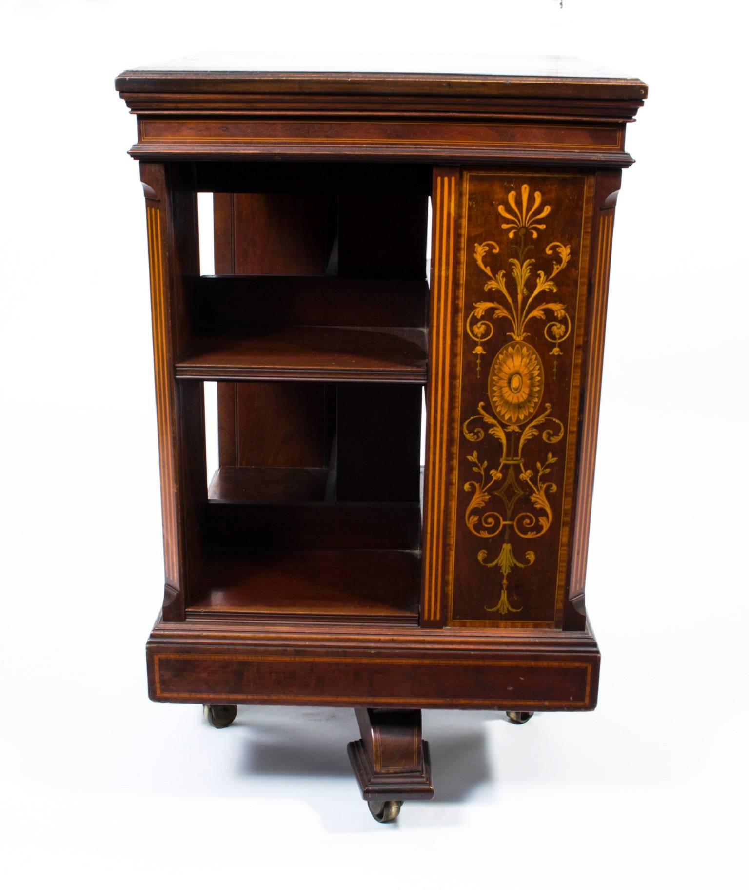 Marquetry Antique Mahogany Inlaid Revolving Bookcase, circa 1890