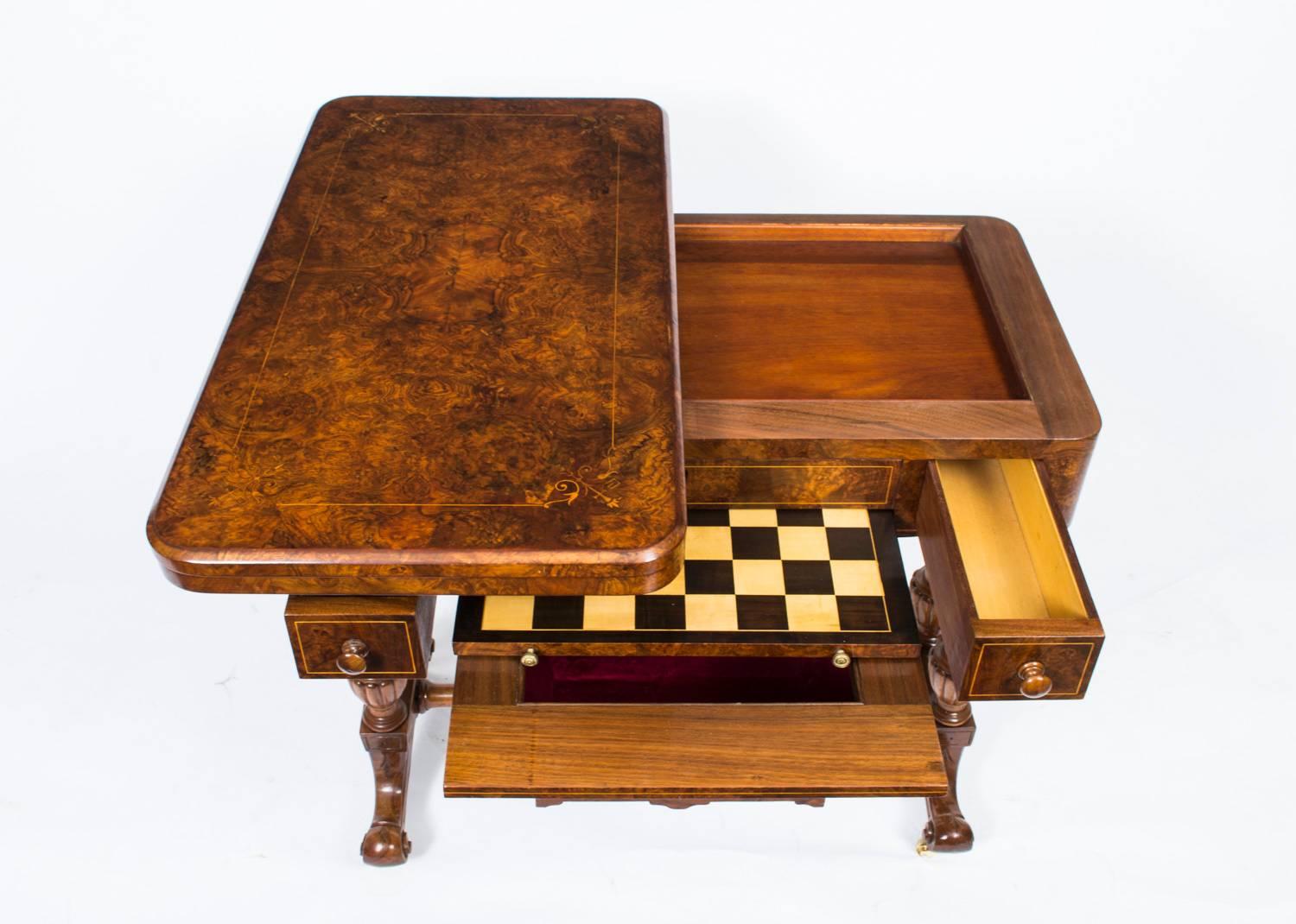 British Antique Victorian Burr Walnut Card Games Table, circa 1870