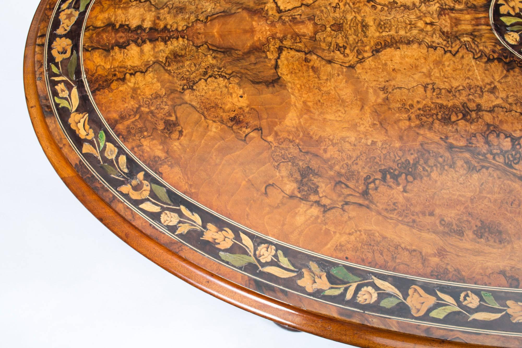Mid-19th Century Antique Burr Walnut Marquetry Oval Coffee Table, circa 1860