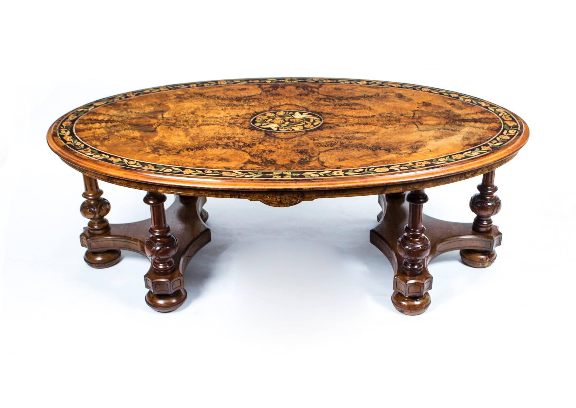 Antique Burr Walnut Marquetry Oval Coffee Table, circa 1860 4