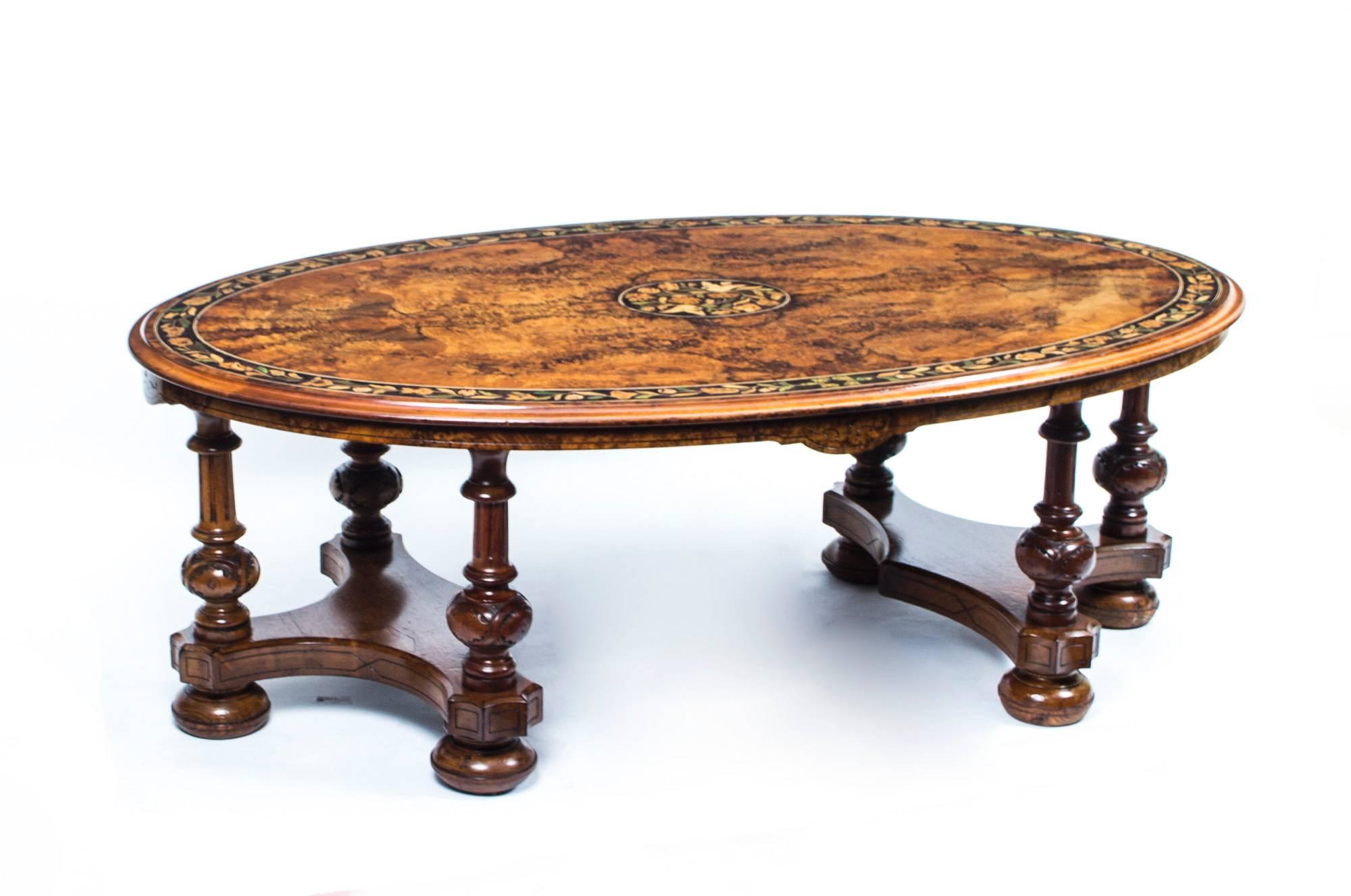 Antique Burr Walnut Marquetry Oval Coffee Table, circa 1860 5