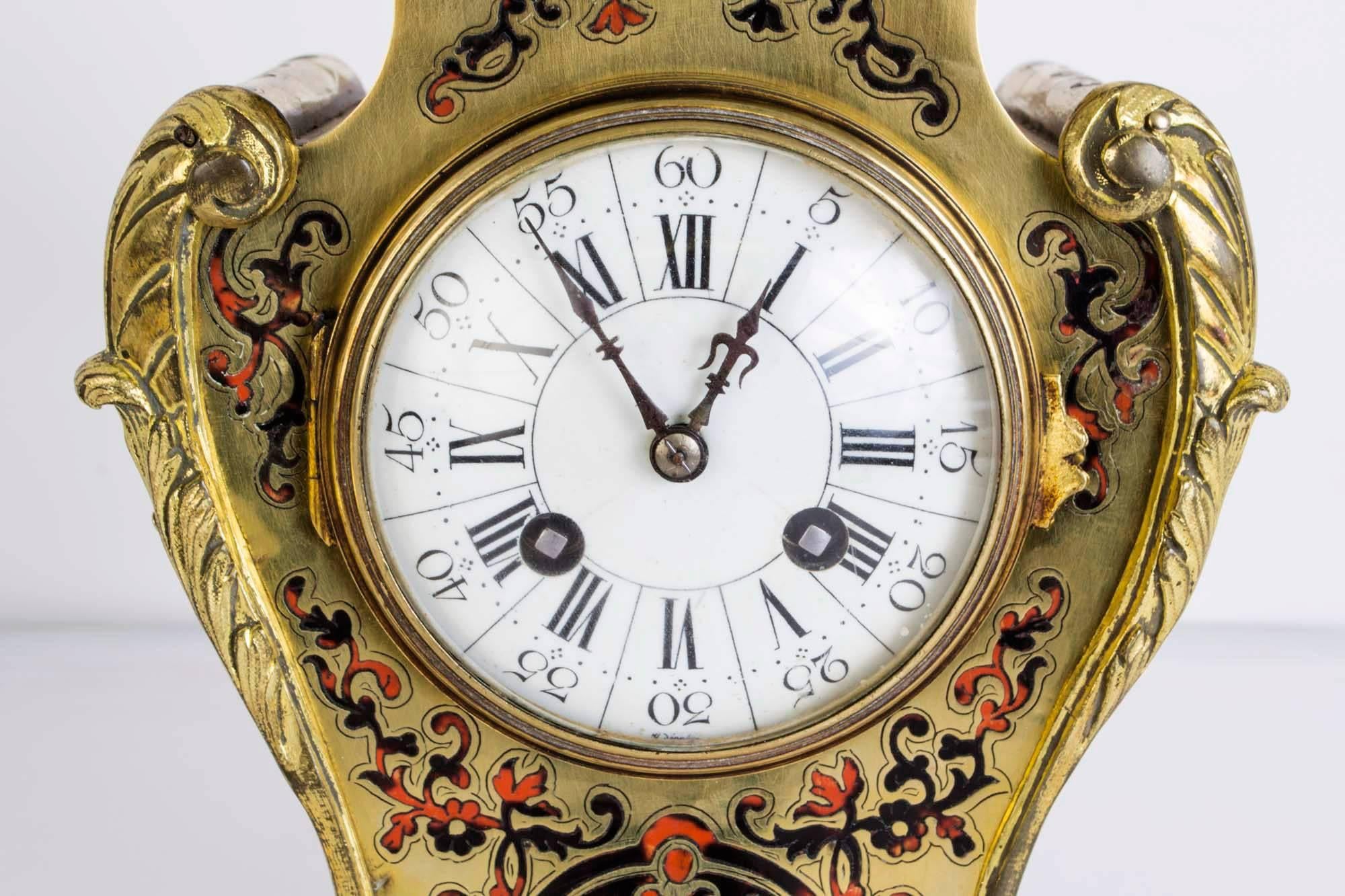 19th Century French Red Boulle Cut Brass Mantel Clock In Excellent Condition In London, GB