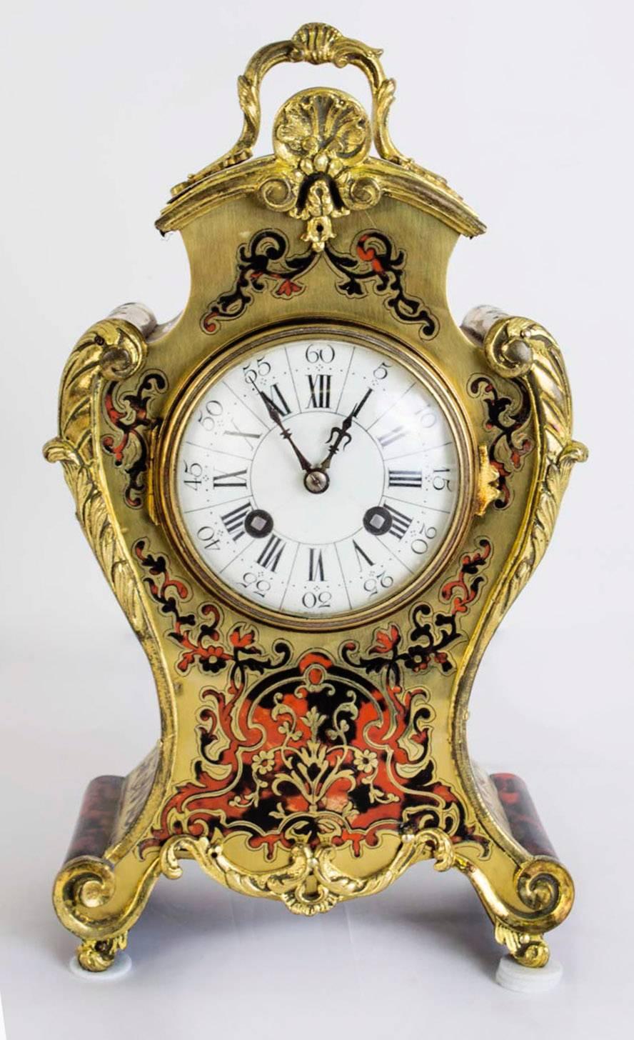 19th Century French Red Boulle Cut Brass Mantel Clock 5