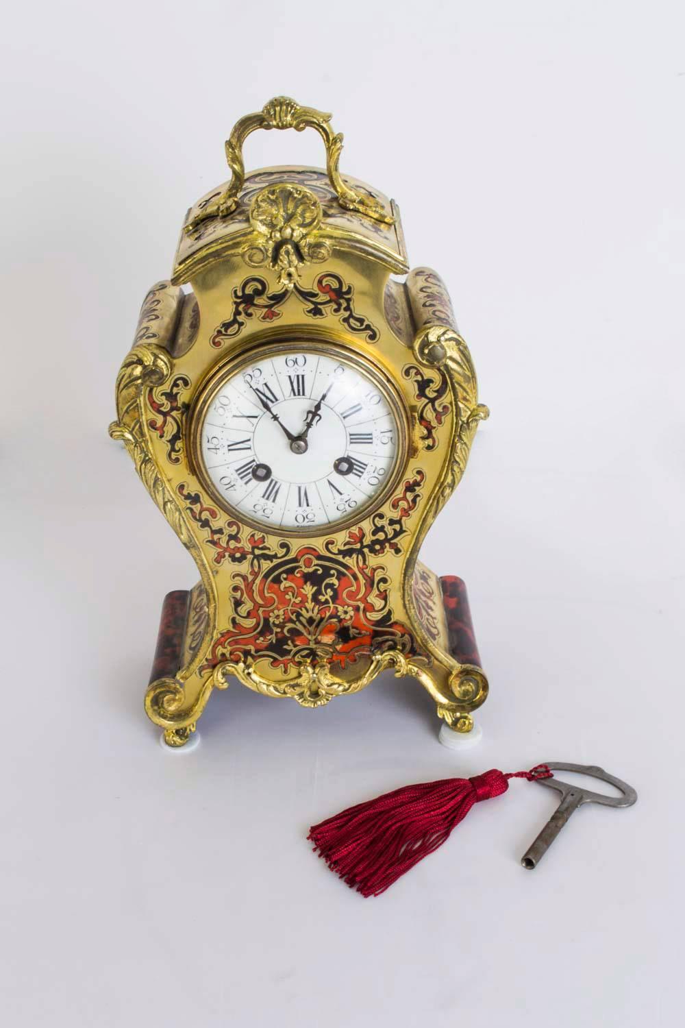19th Century French Red Boulle Cut Brass Mantel Clock 6