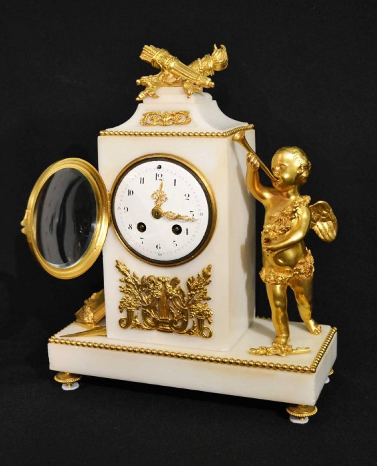 Antique French White Marble Ormolu Mantel Clock, circa 1850 In Excellent Condition In London, GB