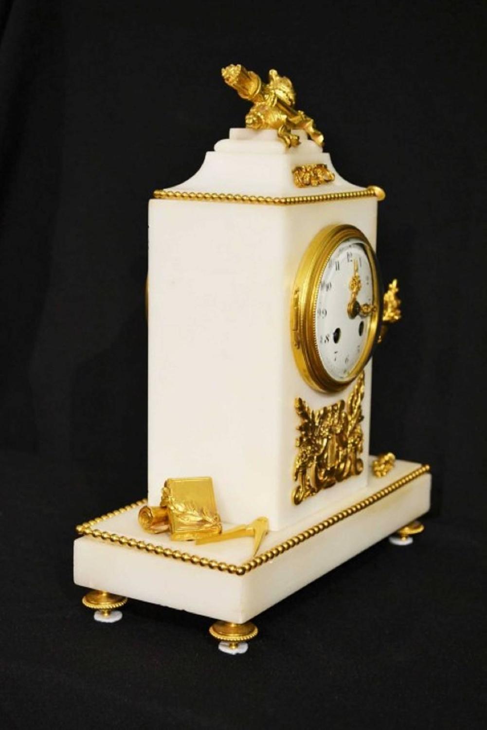 Antique French White Marble Ormolu Mantel Clock, circa 1850 For Sale at