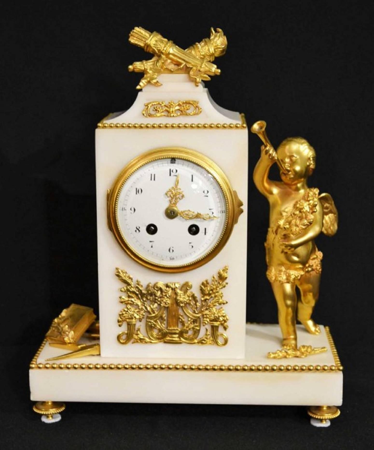 Antique French White Marble Ormolu Mantel Clock, circa 1850 6