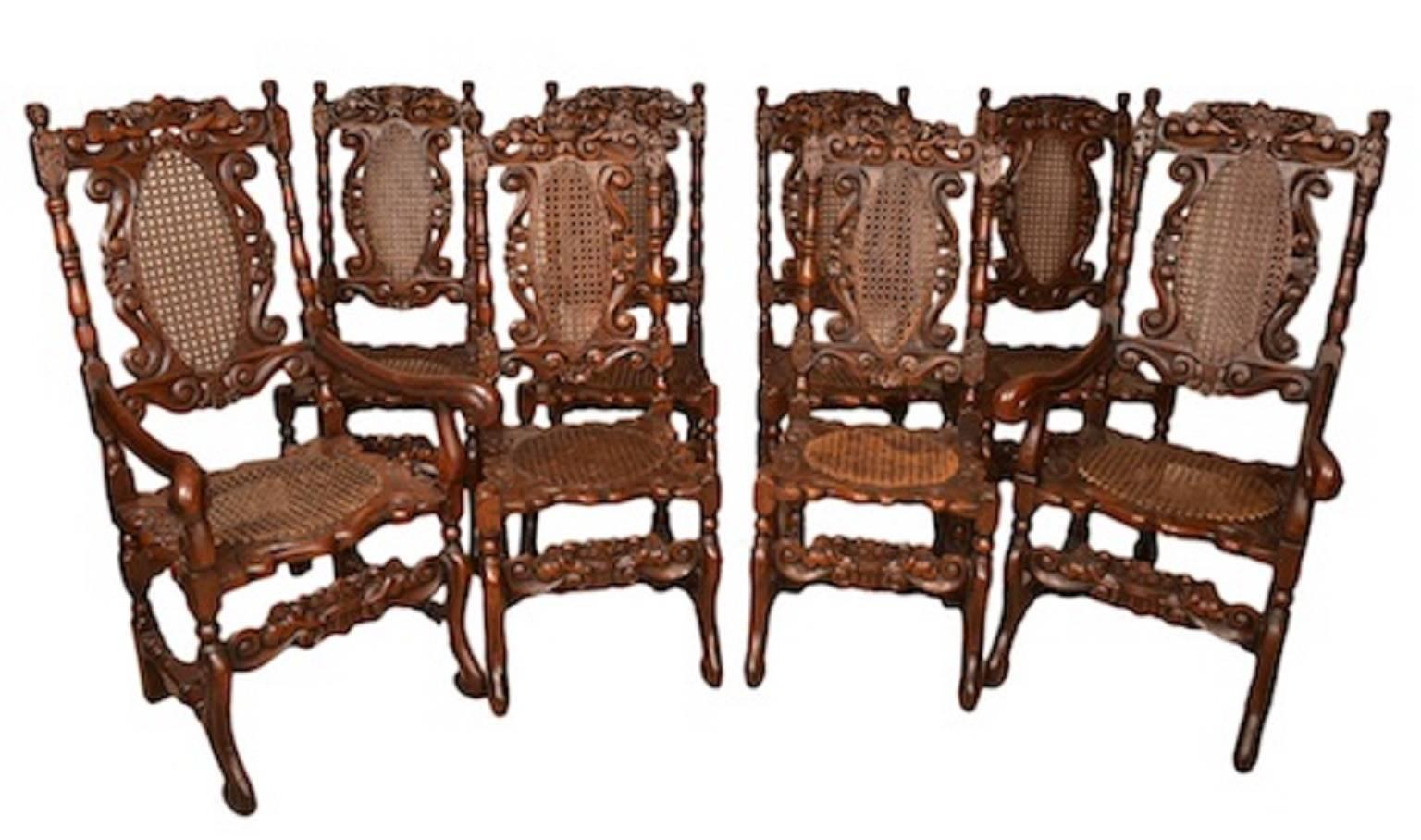 Vintage Set of Eight Carolean Style Oak Dining Chairs 2