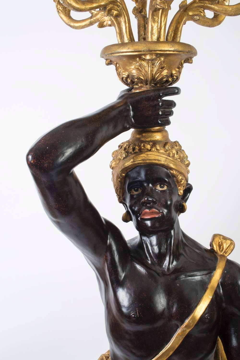 Pair of Gilded Style Blackamoor Wired Candelabra For Sale at