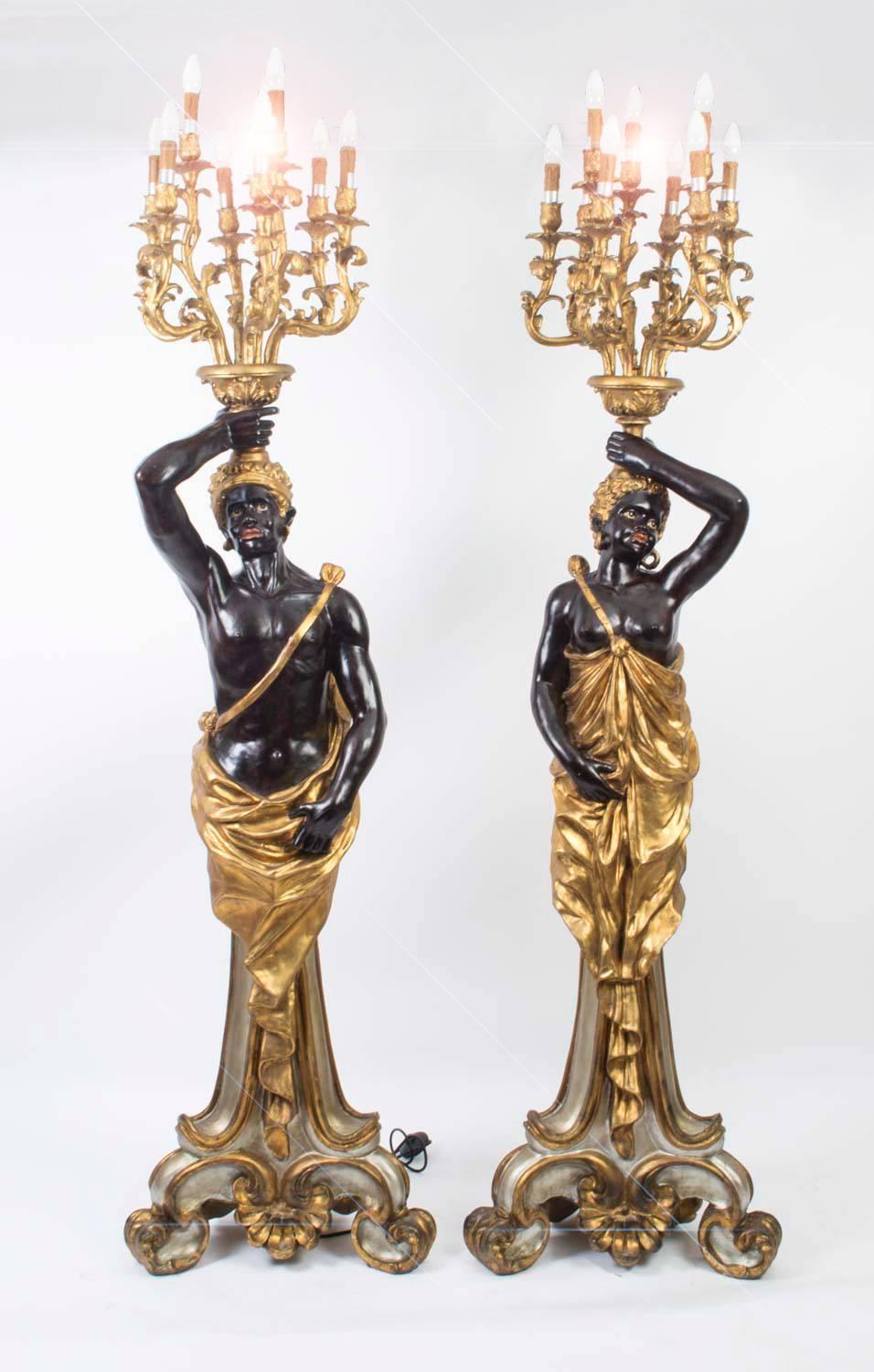 Pair of Gilded Style Blackamoor Wired Candelabra For Sale at