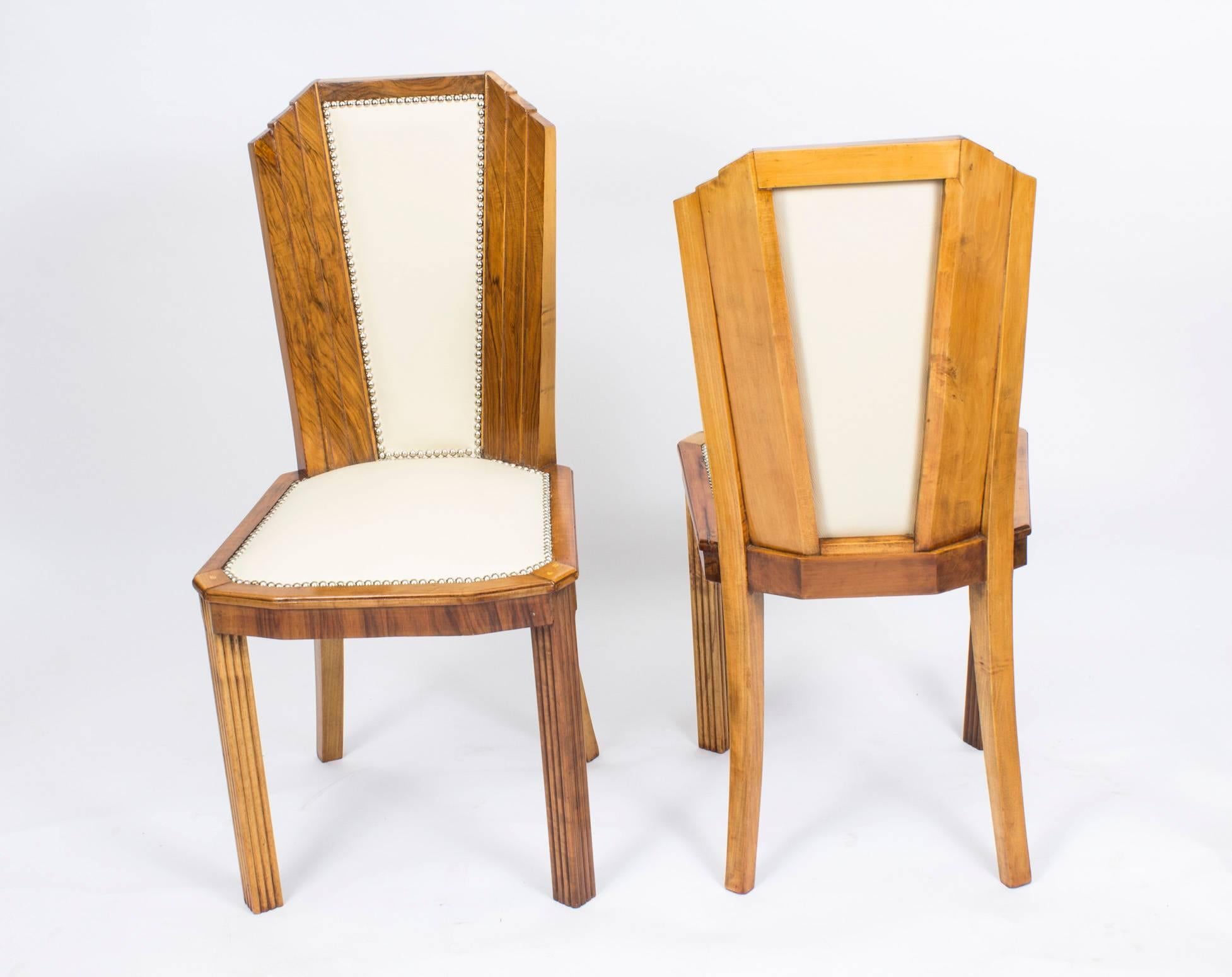 English 1930s Art Deco Burr Walnut Dining Table Six Chairs