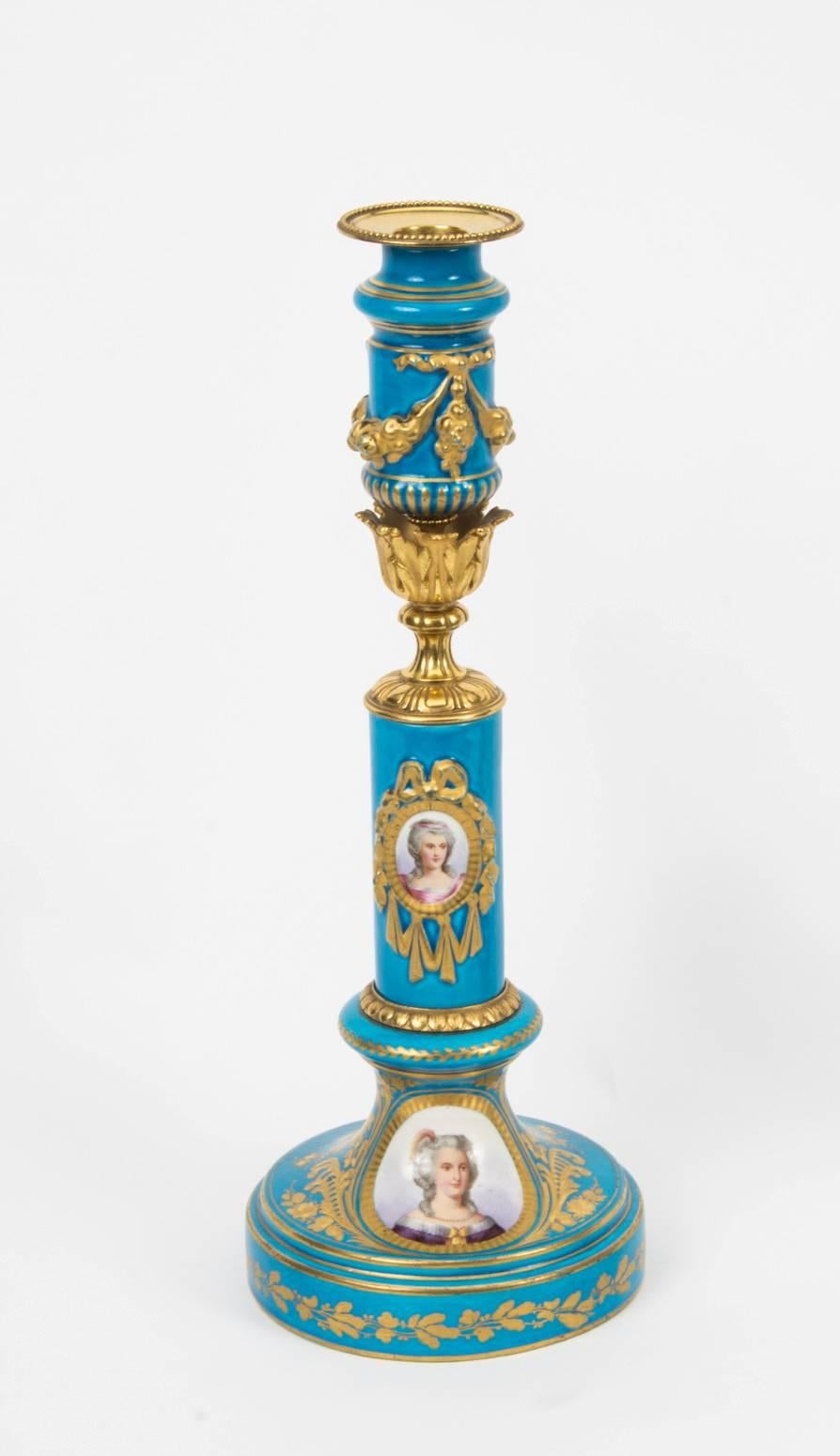 This is a delightful pair of antique French, ormolu-mounted sevres porcelain candlesticks, circa 1880 in date.

The candlesticks feature shaped Sevres porcelain columns, the lower sections with oval portraits depicting Madam de Pompadour and Madam