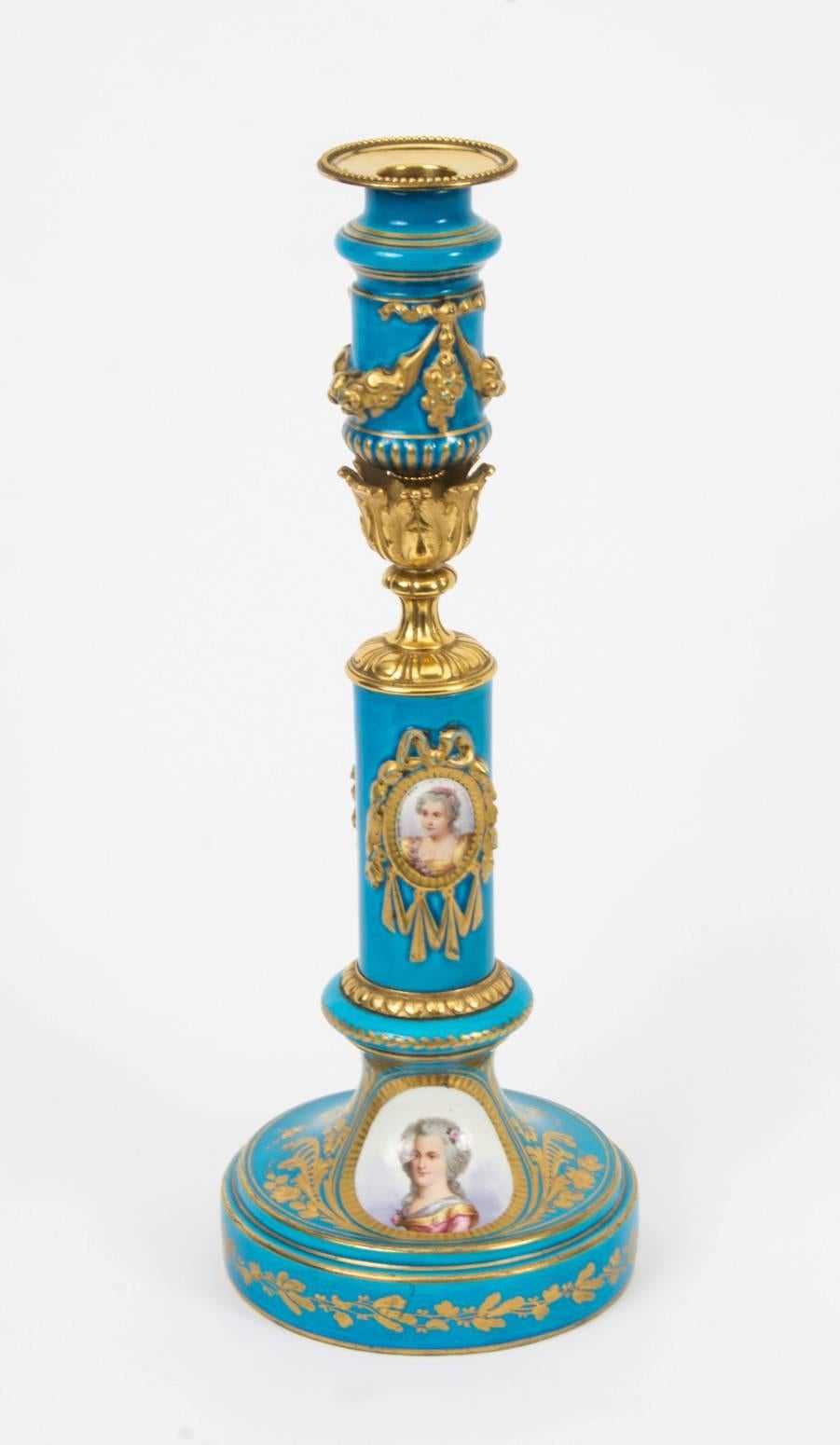 Late 19th Century Antique Pair of Sevres Porcelain and Ormolu Candlesticks, circa 1880