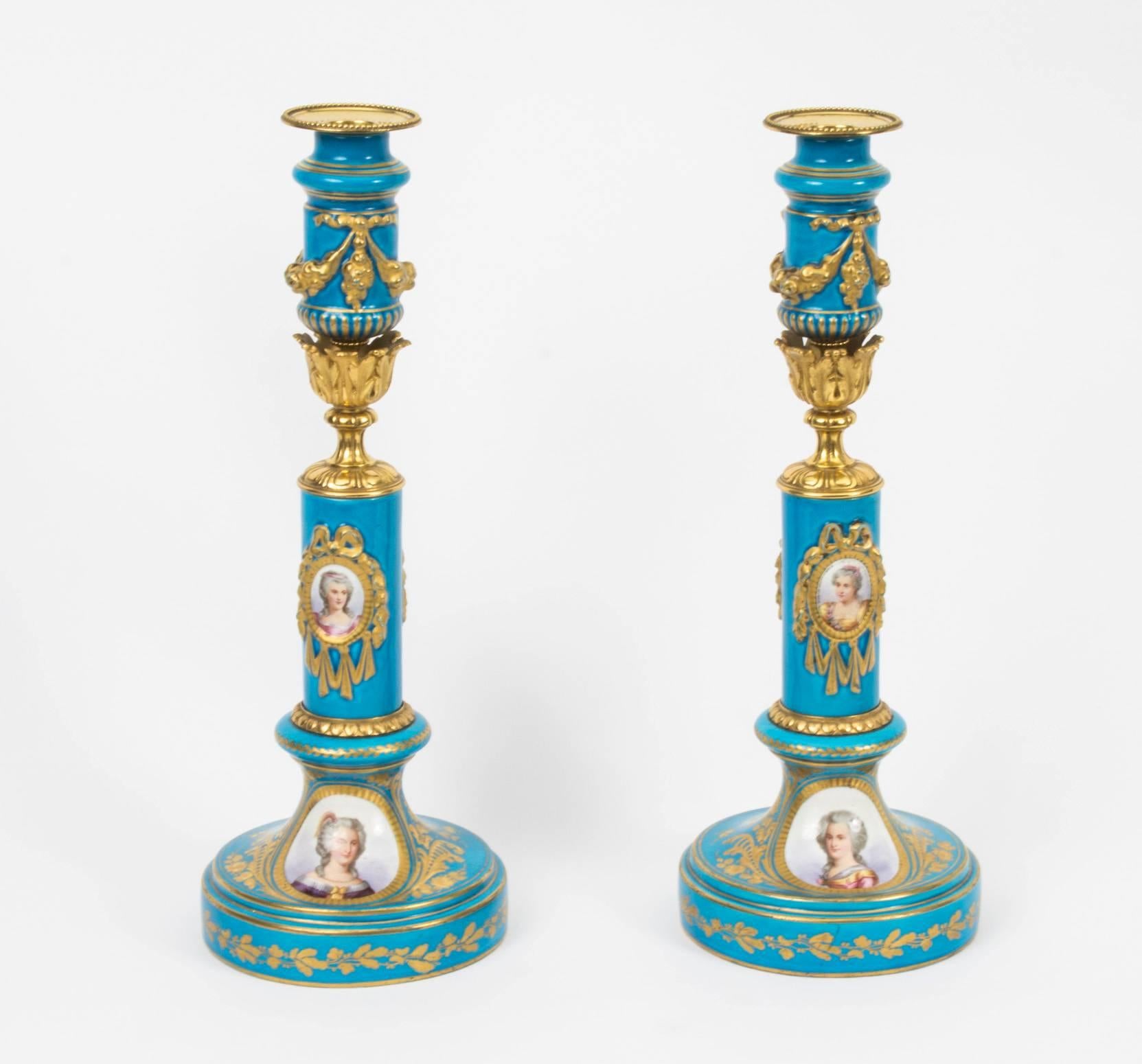 Antique Pair of Sevres Porcelain and Ormolu Candlesticks, circa 1880 5