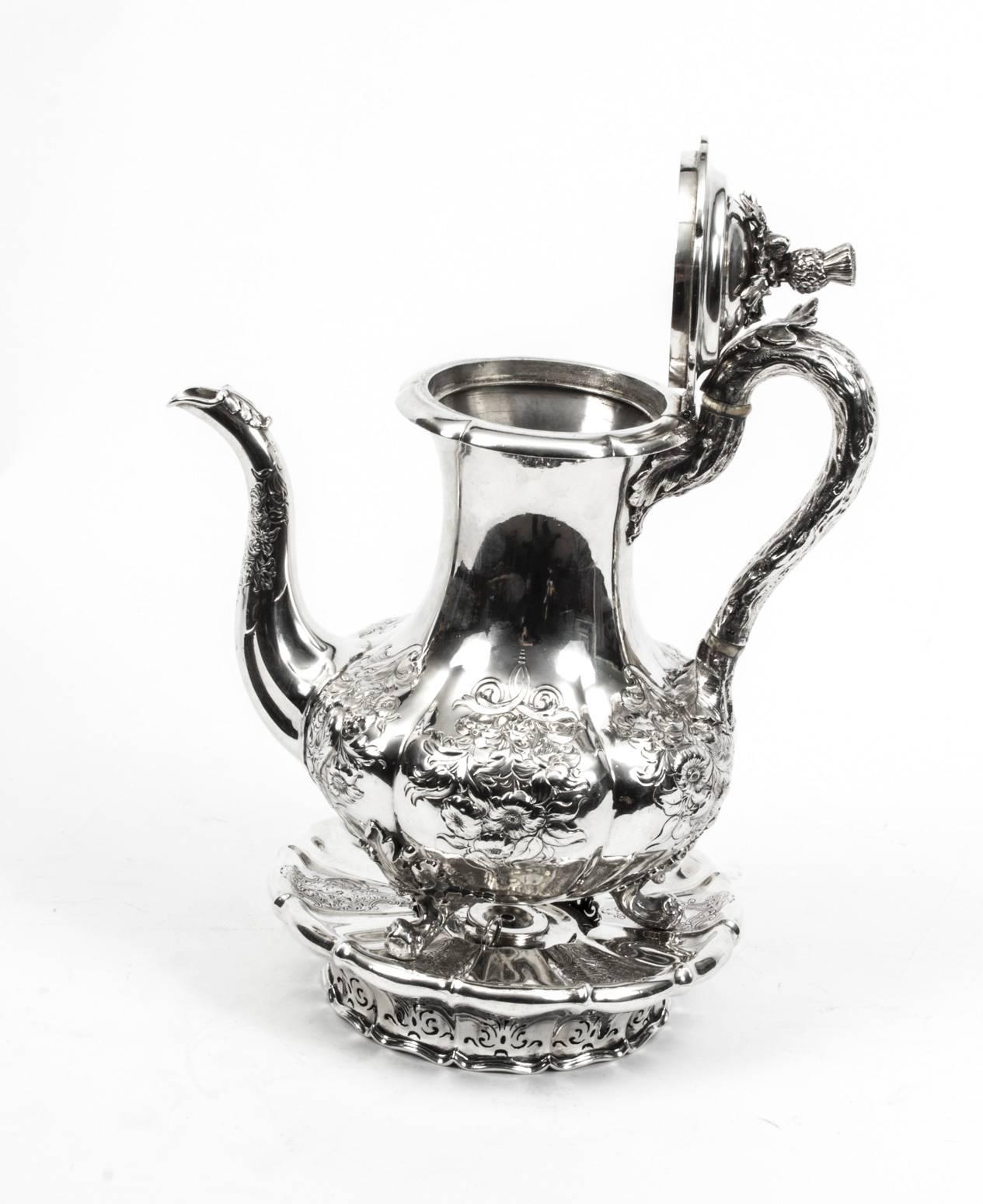 English Antique Paul Storr Sterling Silver Coffee Pot on Stand, 1837
