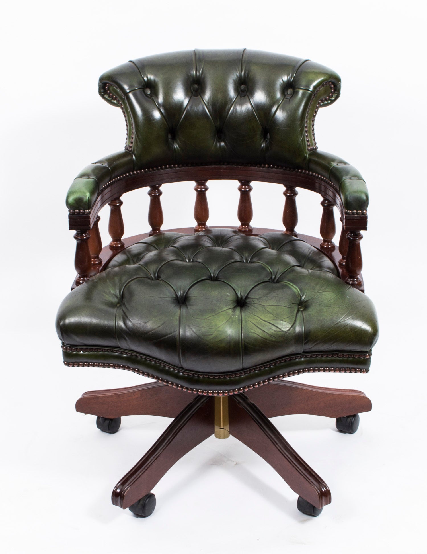 English Hand Made Leather Captains Desk Chair Green For At 1stdibs
