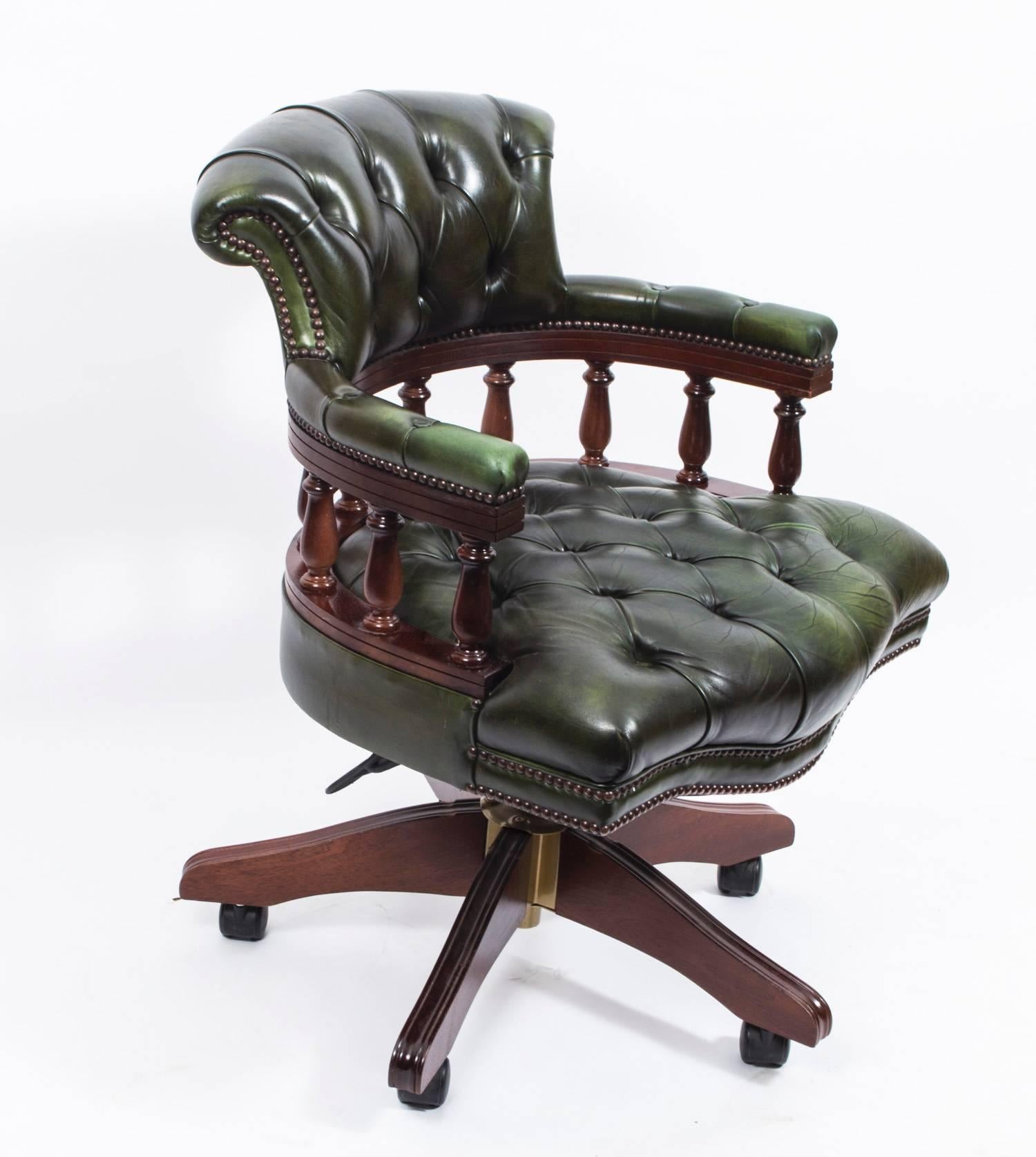 Bespoke English Hand Made Leather Captains Desk Chair Green For