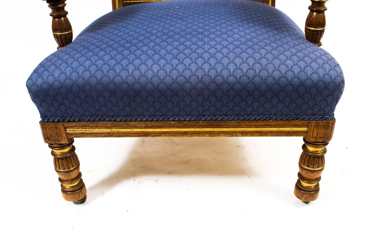 Upholstery 19th Century Gillows Oak Armchair by Bruce Talbert