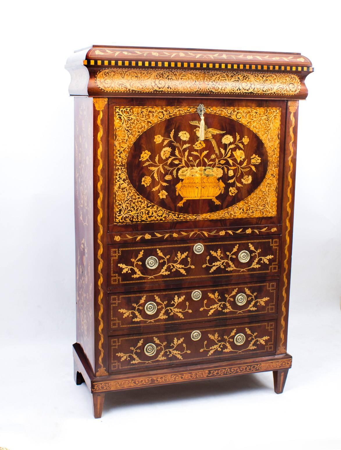 Antique Dutch Marquetry Mahogany Secretaire Cabinet, circa 1800 6